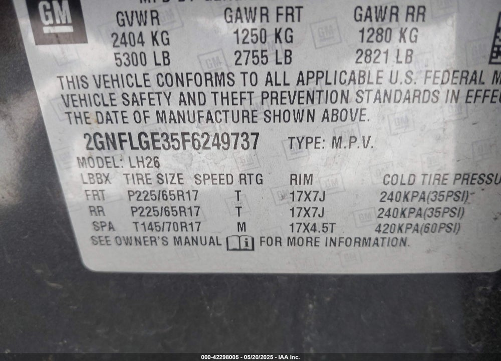 2015 CHEVROLET EQUINOX 2LT VIN: 2GNFLGE35F6249737