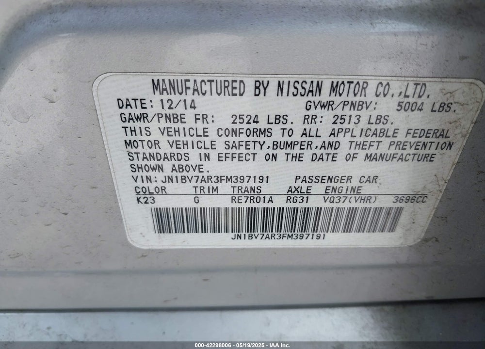 2015 INFINITI Q50 VIN: JN1BV7AR3FM397191