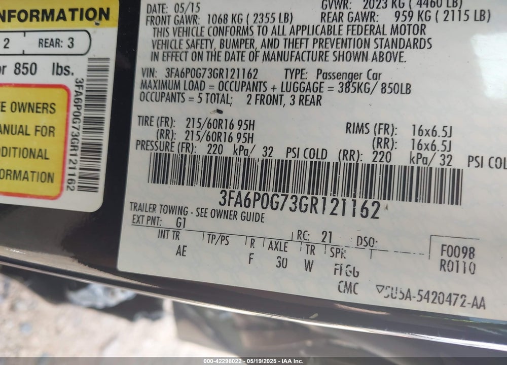 2016 FORD FUSION VIN: 3FA6P0G73GR121162