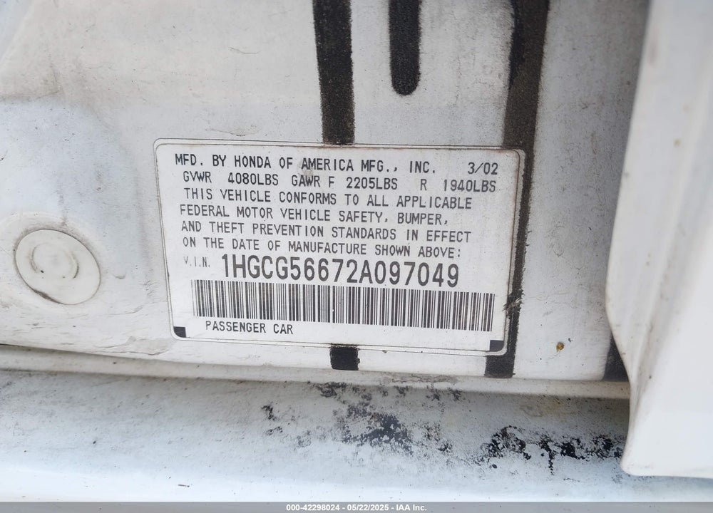 2002 HONDA ACCORD 2.3 EX VIN: 1HGCG56672A097049