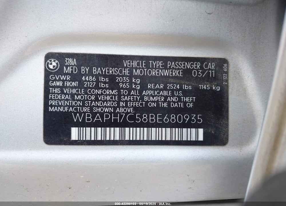 2011 BMW 328I VIN: WBAPH7C58BE680935