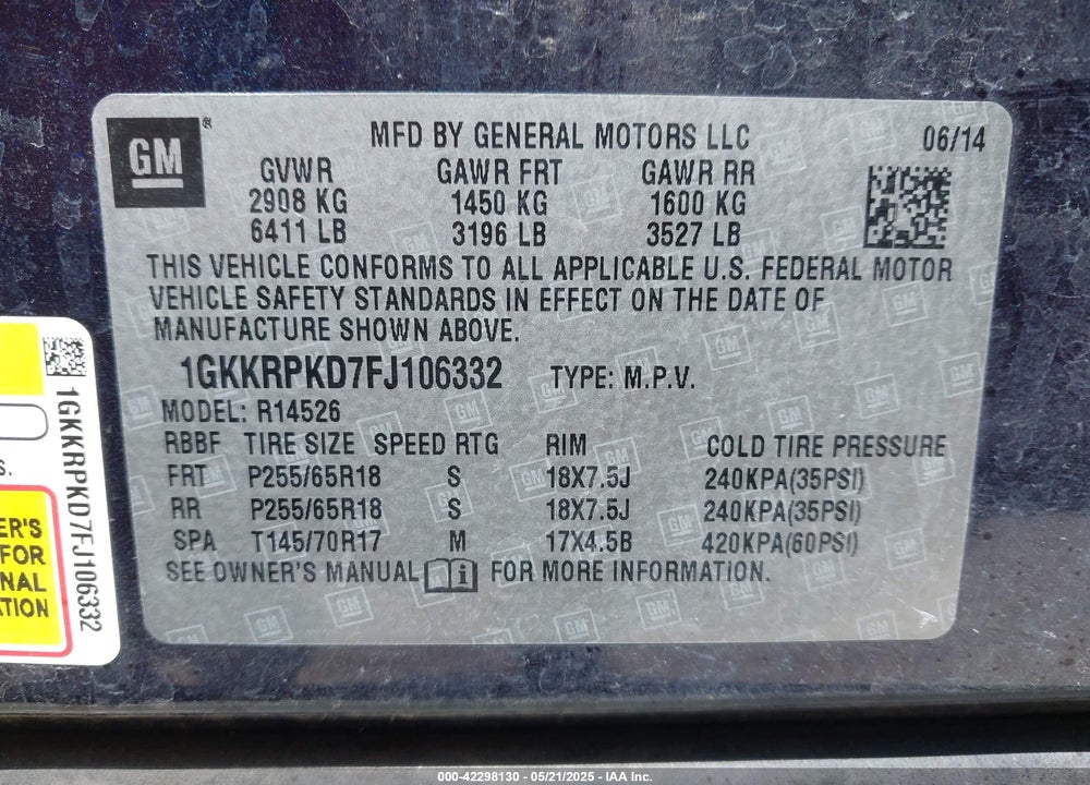 2015 GMC ACADIA VIN: 1GKKRPKD7FJ106332