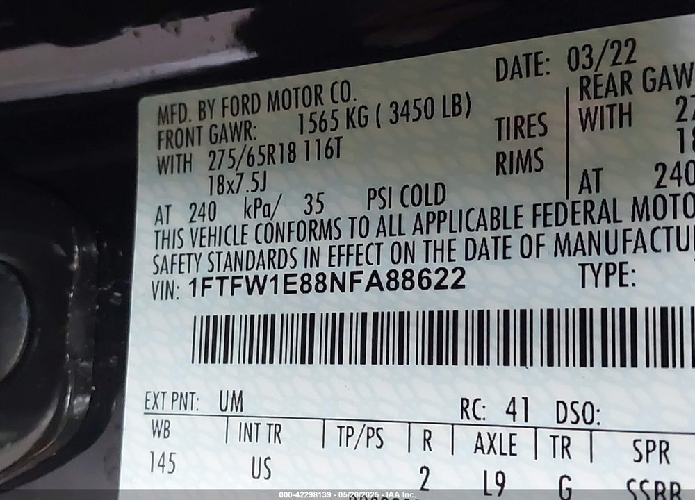 2022 FORD F-150 XLT VIN: 1FTFW1E88NFA88622