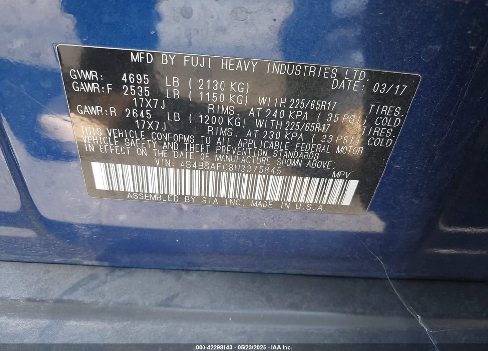 2017 SUBARU OUTBACK 2.5I PREMIUM VIN: 4S4BSAFC8H3375845