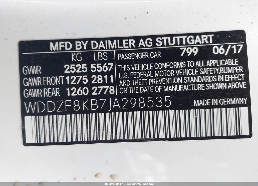 2018 MERCEDES-BENZ E-CLASS VIN: WDDZF8KB7JA298535