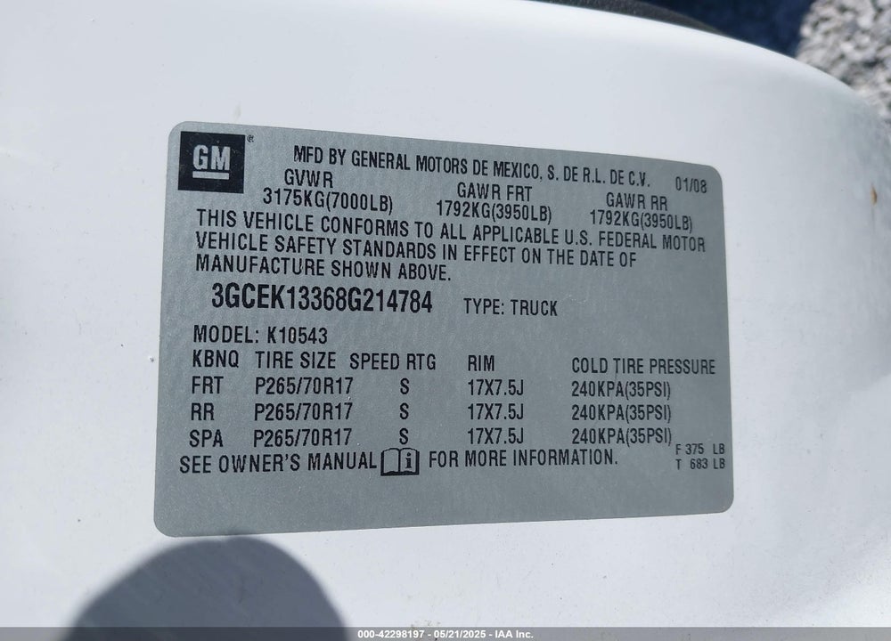 2008 CHEVROLET SILVERADO 1500 VIN: 3GCEK13368G214784