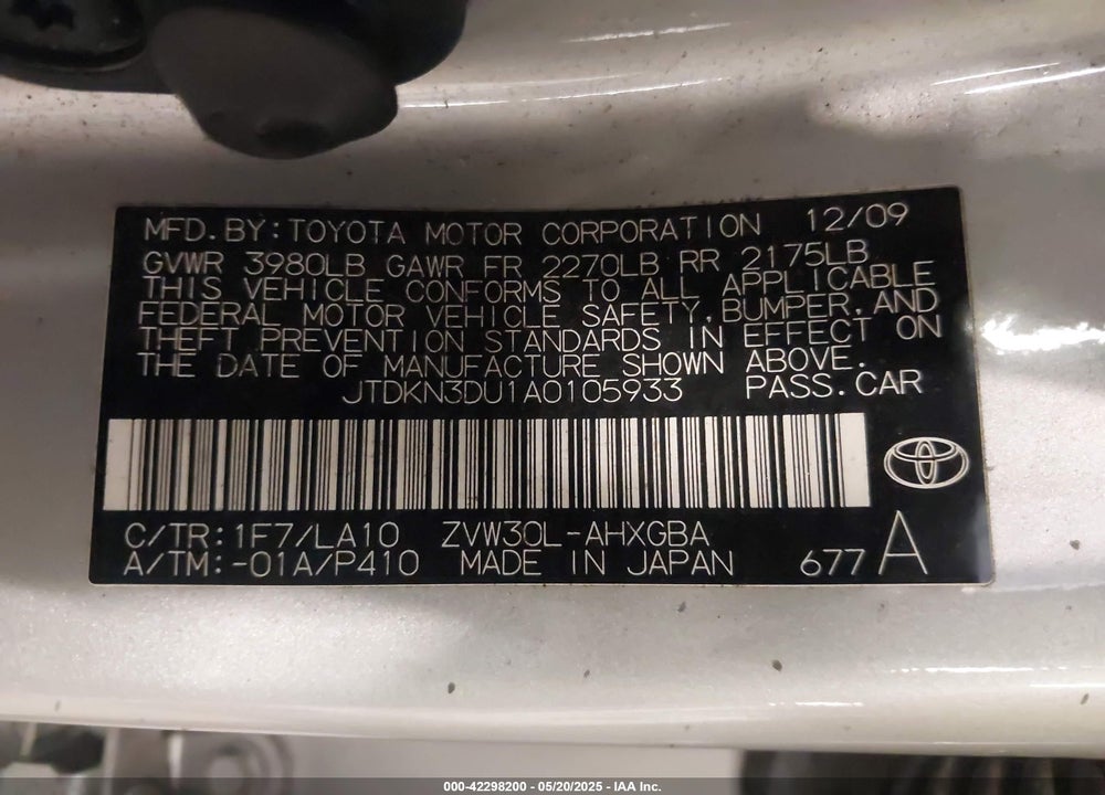 2010 TOYOTA PRIUS IV VIN: JTDKN3DU1A0105933