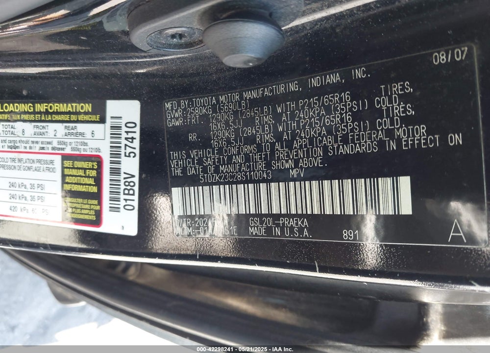 2008 TOYOTA SIENNA VIN: 5TDZK23C28S110043