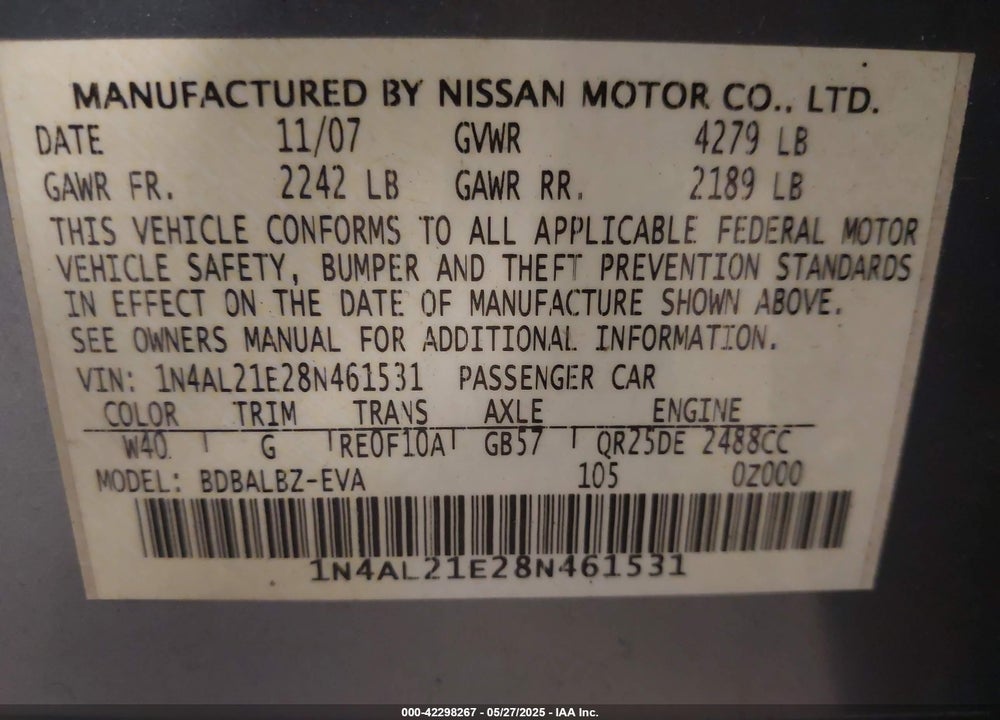 2008 NISSAN ALTIMA VIN: 1N4AL21E28N461531