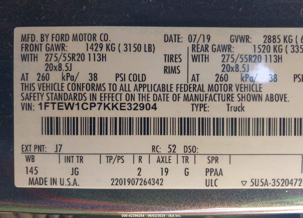 2019 FORD F-150 VIN: 1FTEW1CP7KKE32904
