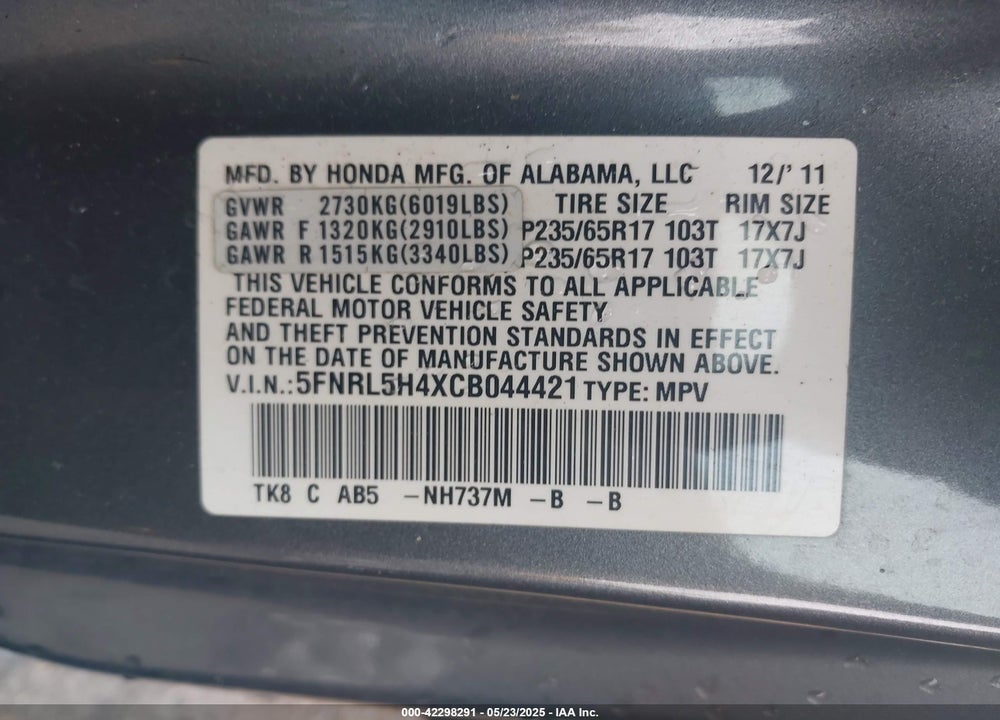 2012 HONDA ODYSSEY VIN: 5FNRL5H4XCB044421