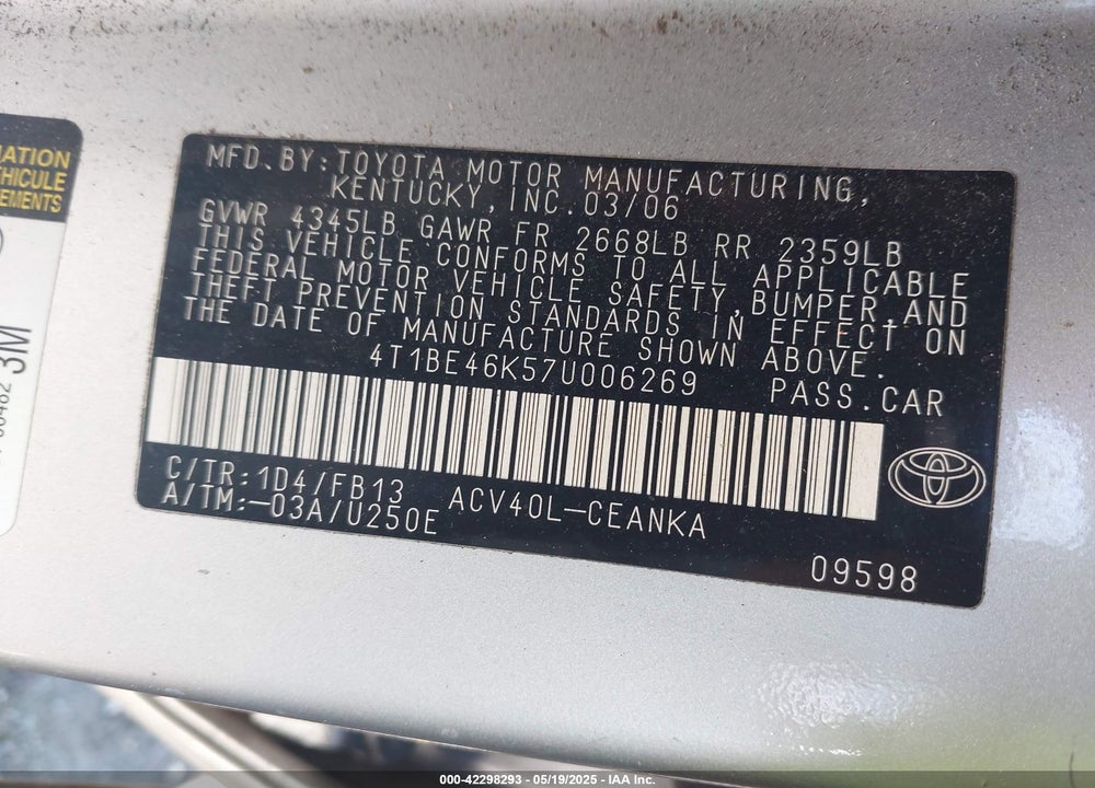 2007 TOYOTA CAMRY CE VIN: 4T1BE46K57U006269