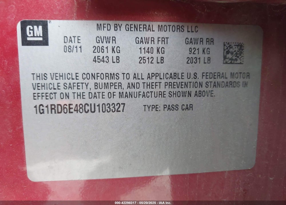 2012 CHEVROLET VOLT VIN: 1G1RD6E48CU103327