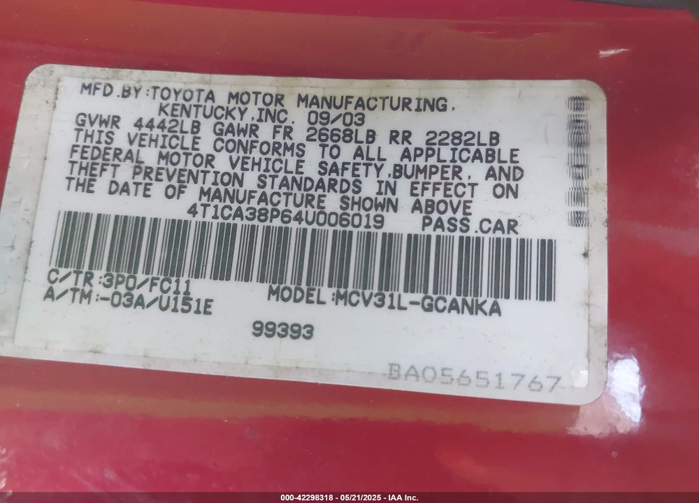 2004 TOYOTA CAMRY SOLARA SE/SLE VIN: 4T1CA38P64U006019