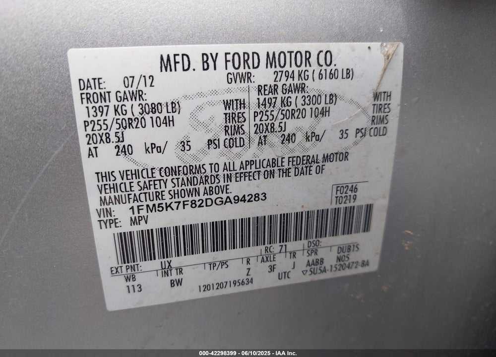 2013 FORD EXPLORER VIN: 1FM5K7F82DGA94283