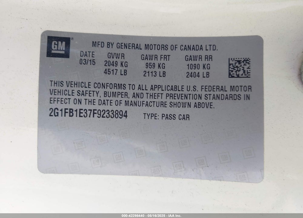 2015 CHEVROLET CAMARO 2LS VIN: 2G1FB1E37F9233894