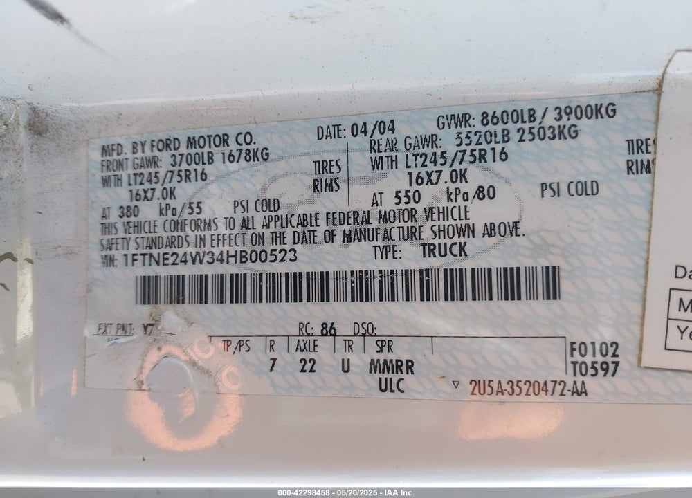 2004 FORD E-250 VIN: 1FTNE24W34HB00523