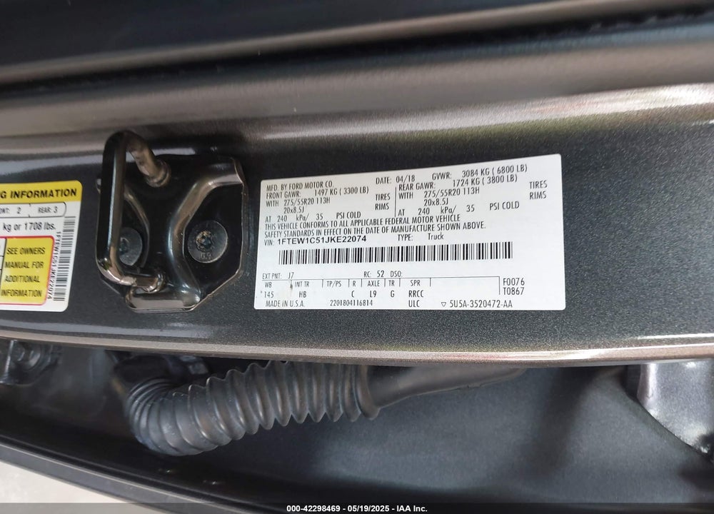 2018 FORD F-150 LARIAT VIN: 1FTEW1C51JKE22074