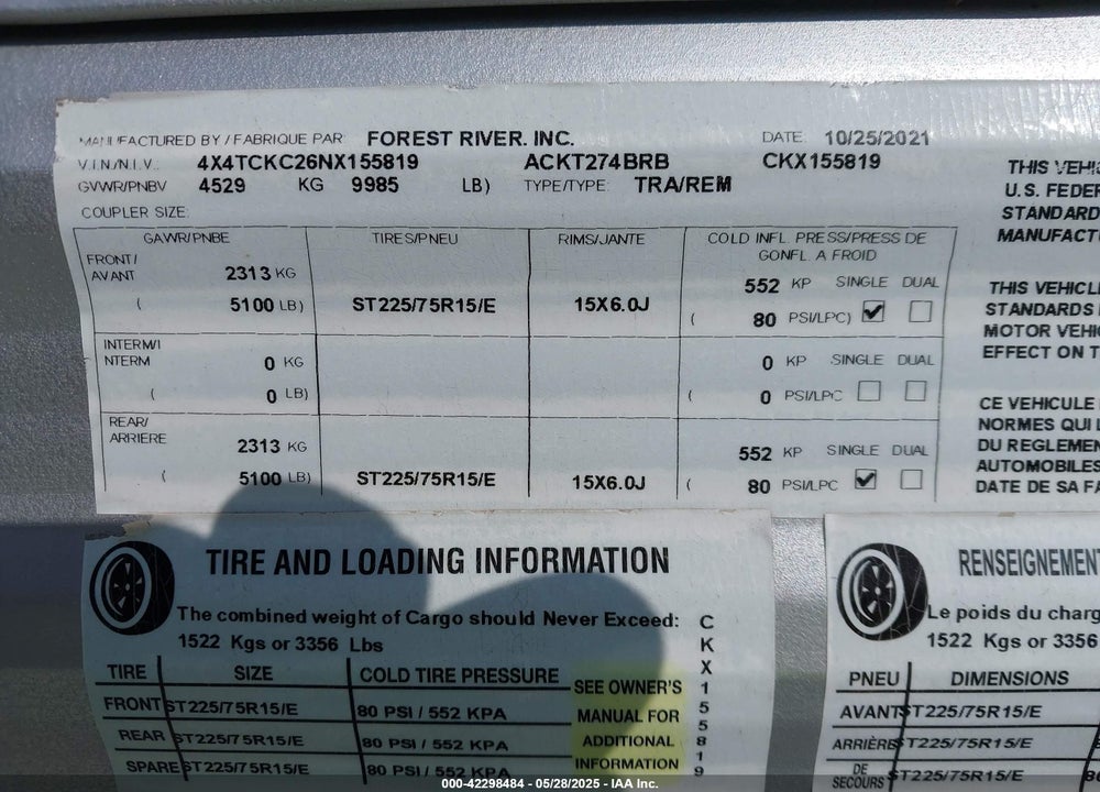 2022 FOREST RIVER OTHER VIN: 4X4TCKC26NX155819
