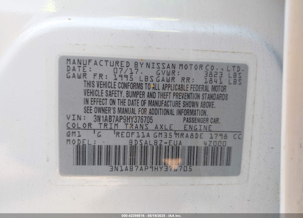 2017 NISSAN SENTRA S VIN: 3N1AB7AP9HY376705