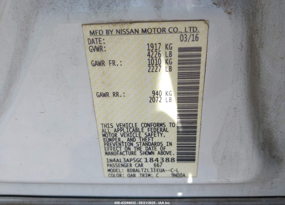 2016 NISSAN ALTIMA 2.5 SL VIN: 1N4AL3AP5GC184388