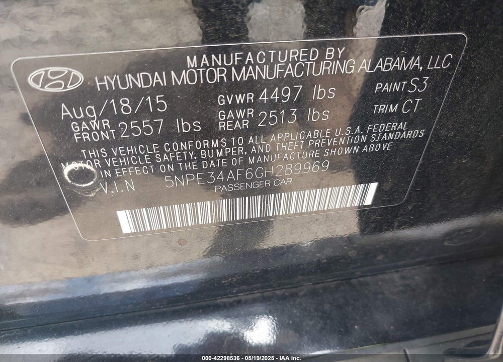 2016 HYUNDAI SONATA VIN: 5NPE34AF6GH289969