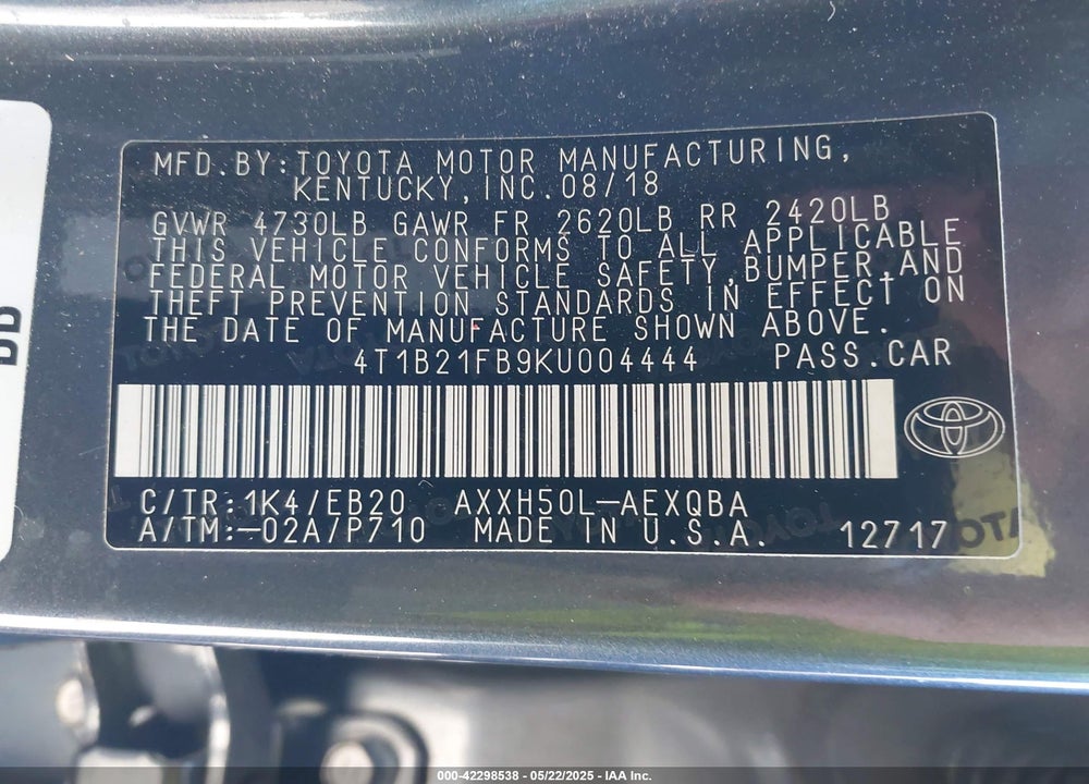 2019 TOYOTA AVALON HYBRID XSE VIN: 4T1B21FB9KU004444