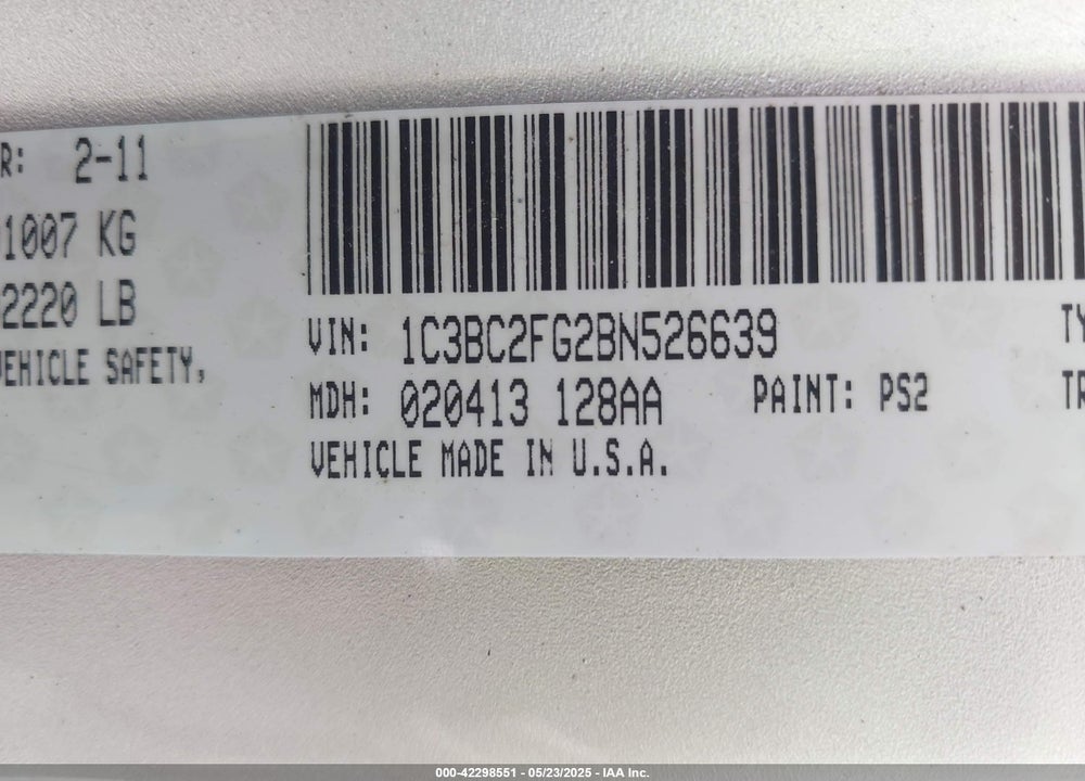 2011 CHRYSLER 200 VIN: 1C3BC2FG2BN526639
