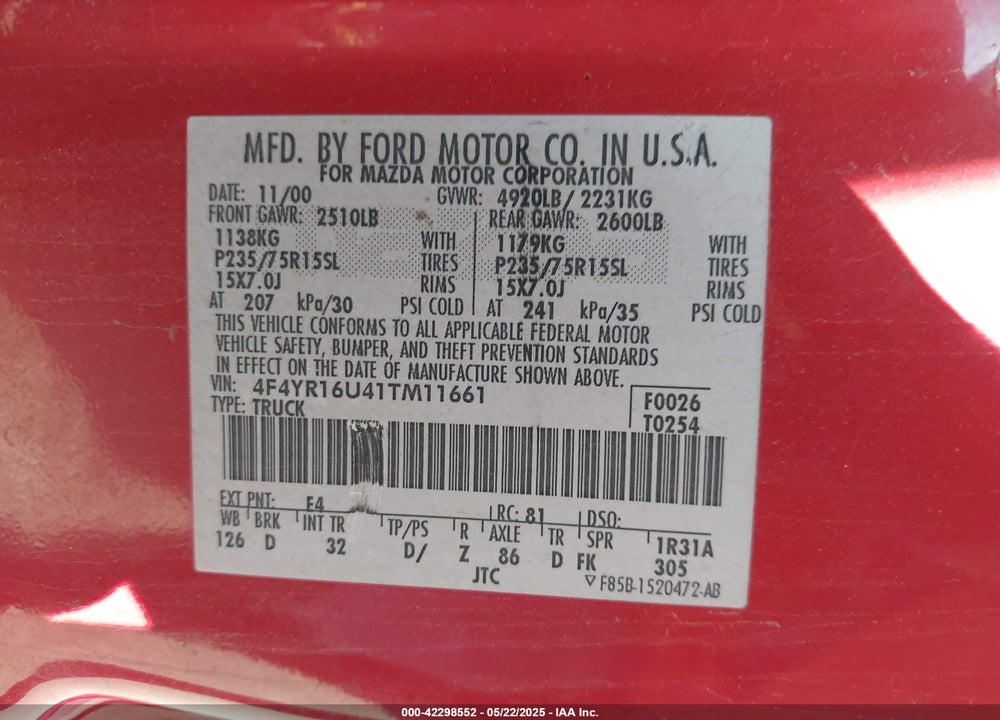 2001 MAZDA B3000 DS/SE VIN: 4F4YR16U41TM11661