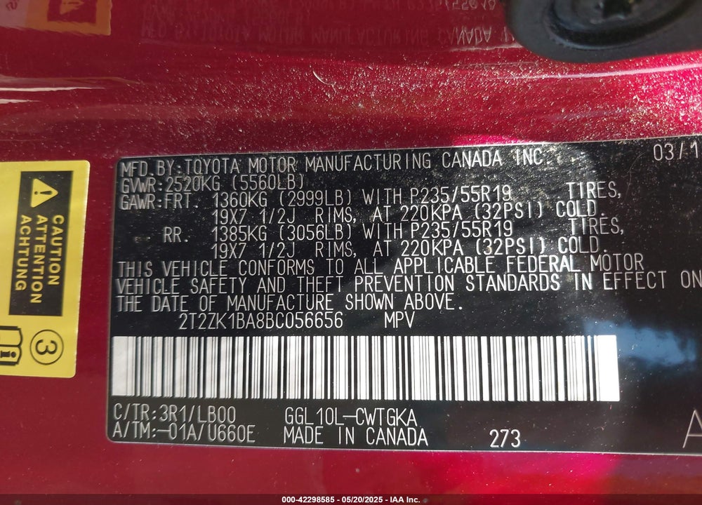 2011 LEXUS RX 350 VIN: 2T2ZK1BA8BC056656