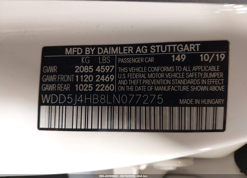 2020 MERCEDES-BENZ CLA-CLASS VIN: WDD5J4HB8LN077275
