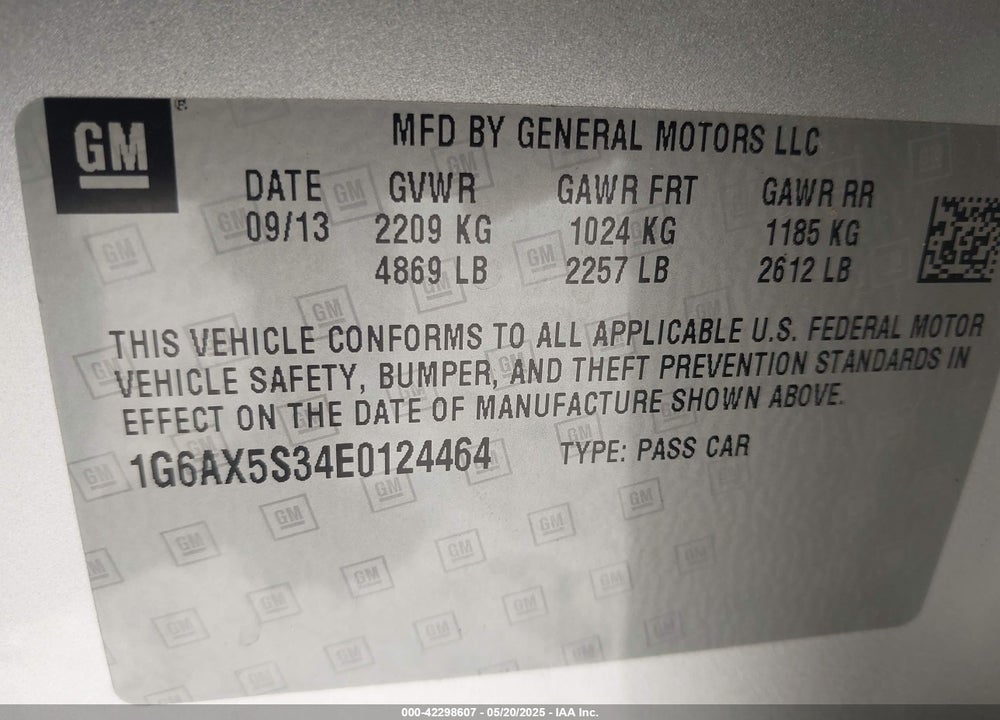 2014 CADILLAC CTS VIN: 1G6AX5S34E0124464