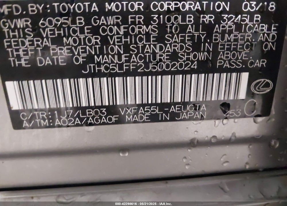 2018 LEXUS LS 500 VIN: JTHC5LFF2J5002024