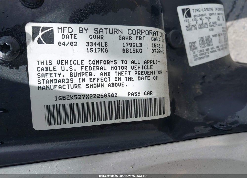 2002 SATURN S-SERIES VIN: 1G8ZK527X2Z250900
