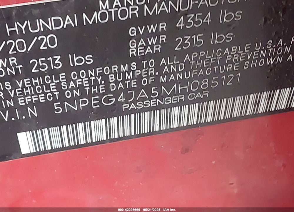 2021 HYUNDAI SONATA SE VIN: 5NPEG4JA5MH085121