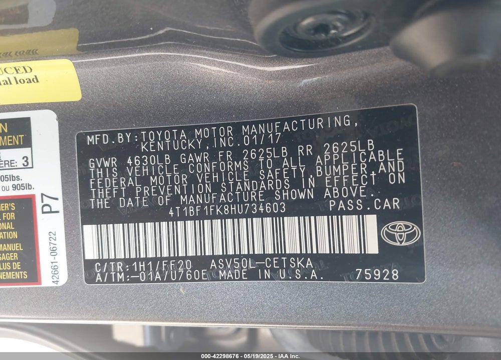 2017 TOYOTA CAMRY VIN: 4T1BF1FK8HU734603