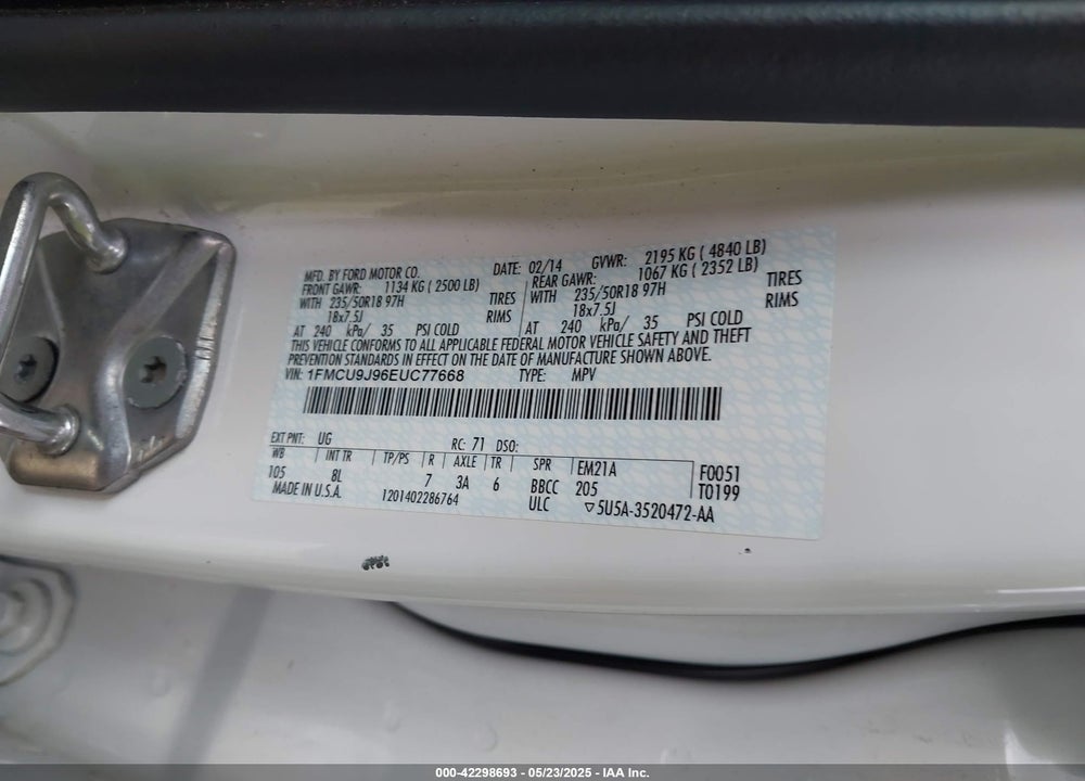 2014 FORD ESCAPE TITANIUM VIN: 1FMCU9J96EUC77668