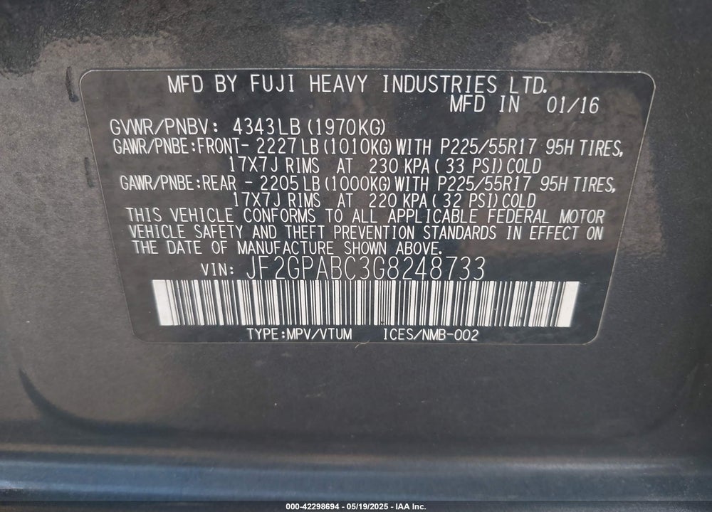 2016 SUBARU CROSSTREK 2.0I PREMIUM VIN: JF2GPABC3G8248733