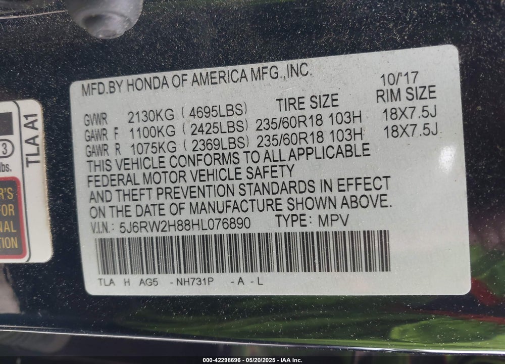 2017 HONDA CR-V VIN: 5J6RW2H88HL076890