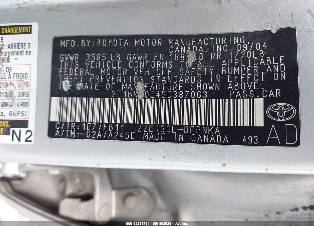 2005 TOYOTA COROLLA VIN: 2T1BR30E45C387063