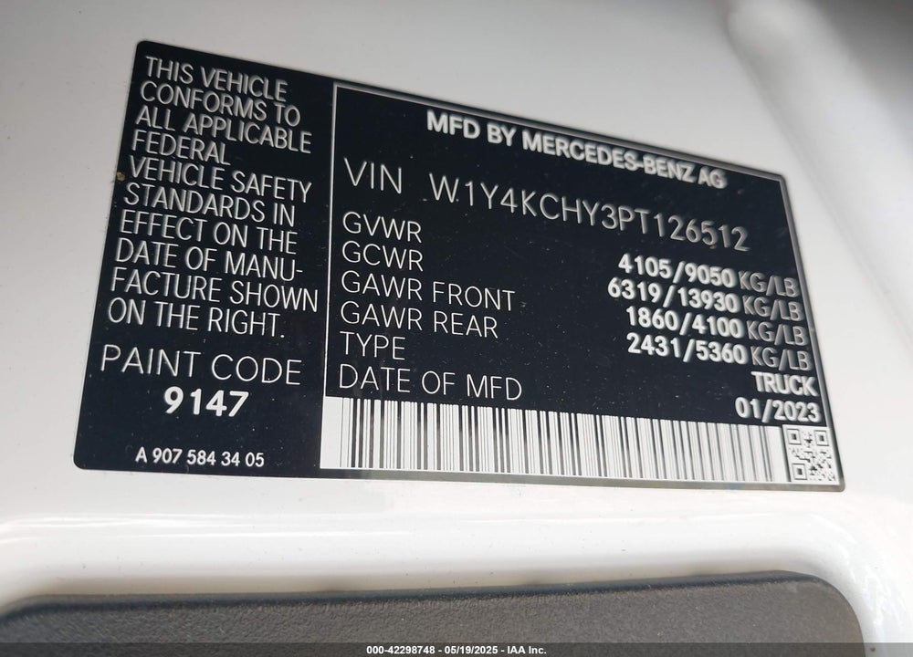 2023 MERCEDES-BENZ SPRINTER 2500 HIGH ROOF 4-CYL DIESEL VIN: W1Y4KCHY3PT126512