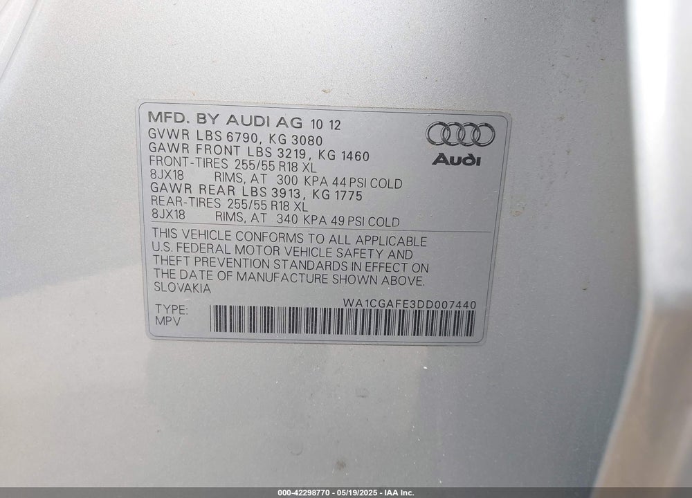 2013 AUDI Q7 3.0T PREMIUM VIN: WA1CGAFE3DD007440
