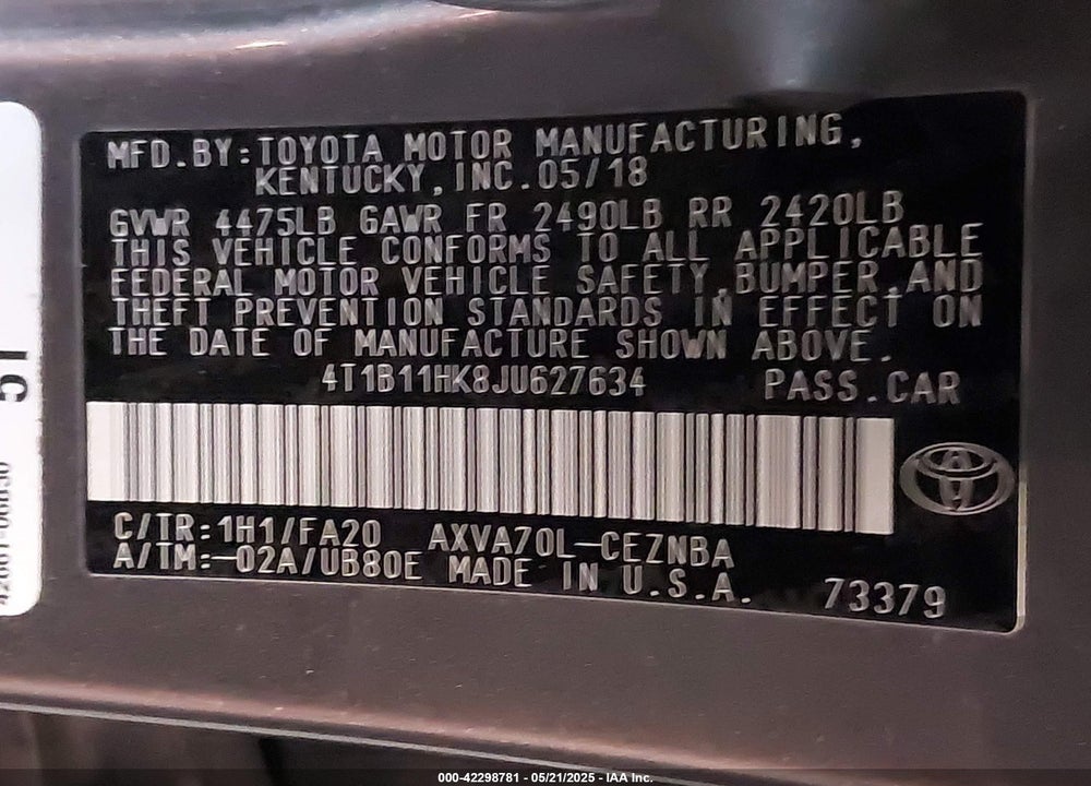 2018 TOYOTA CAMRY VIN: 4T1B11HK8JU627634