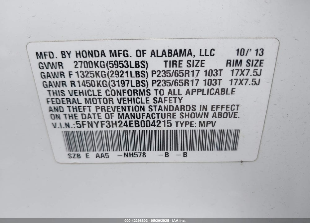 2014 HONDA PILOT VIN: 5FNYF3H24EB004215