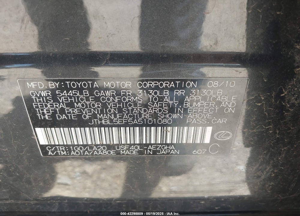 2010 LEXUS LS 460 VIN: JTHBL5EF5A5101080