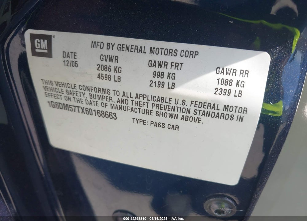 2006 CADILLAC CTS VIN: 1G6DM57TX60168663