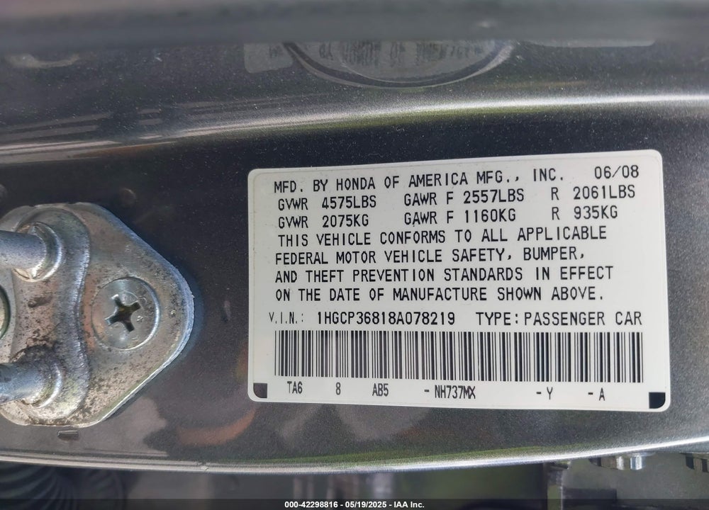 2008 HONDA ACCORD VIN: 1HGCP36818A078219