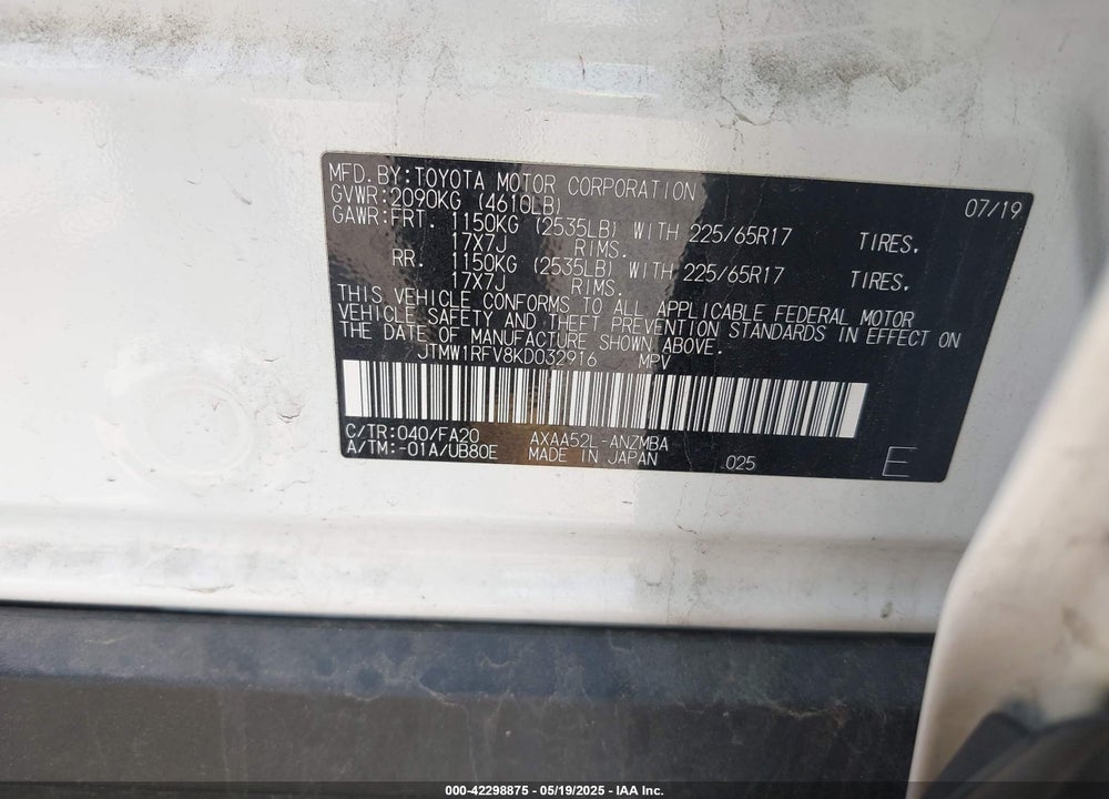 2019 TOYOTA RAV4 VIN: JTMW1RFV8KD032916