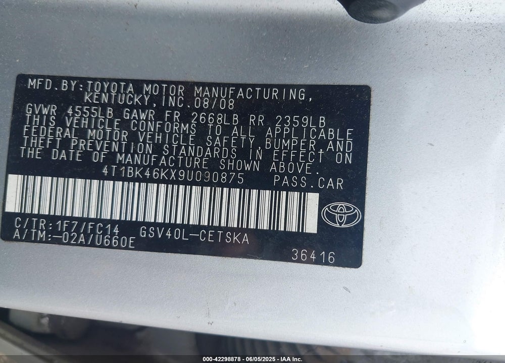 2009 TOYOTA CAMRY VIN: 4T1BK46KX9U090875