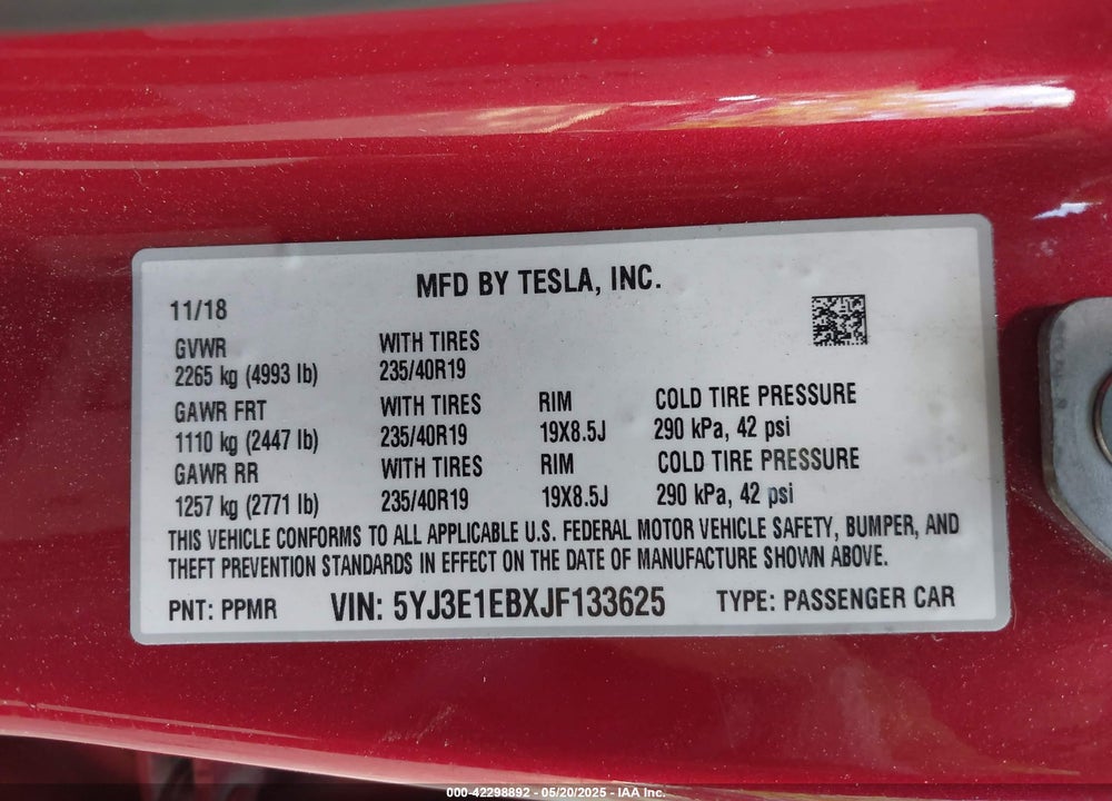2018 TESLA MODEL 3 VIN: 5YJ3E1EBXJF133625